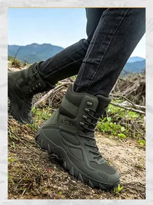 Durable men's army green tactical combat boots for outdoor hiking and trekking activities.