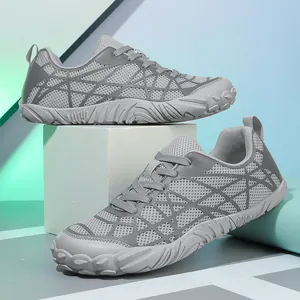 Minimalist grey wide-toe barefoot shoes with breathable mesh for training and cycling
