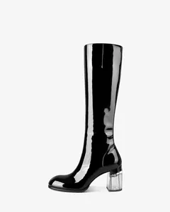 Black patent leather knee-high boots with stylish clear chunky heel side view