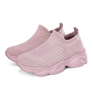 Atmungsaktive rosa Flyknit-Söckchenschuhe für Mädchen mit weicher dicker Sohle