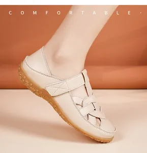 Side view of beige woven flat sandal on foot, highlighting soft floral sole