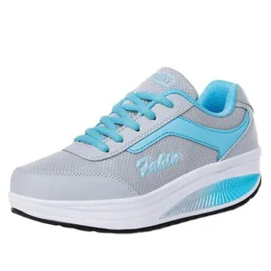 Breathable mesh rocker shoes for women with thick soles in gray and blue colors