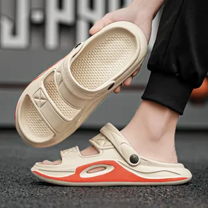 Men's casual outdoor sport sandals with soft thick sole in beige and orange color accents
