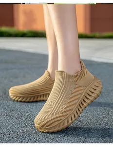 Khaki flyknit slip-on sneakers for men and women breathable running sock shoes