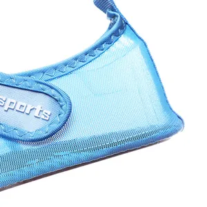 Close-up of the breathable blue mesh material and stitching on outdoor beach water shoes