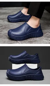 Detailed close-up view of navy blue waterproof and oil-resistant EVA chef work shoes