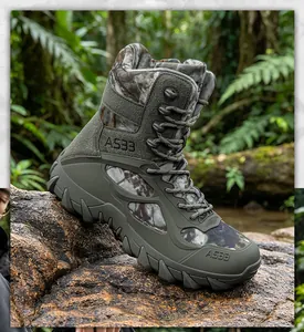 Macro view of camouflage high-top tactical boots resting on a rugged outdoor rock.