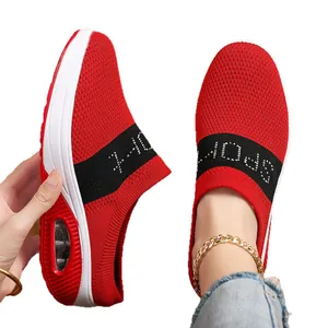 Comfortable red fly-knit mesh mules for women with thick air-cushioned platform sole