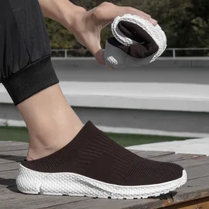 Flexible men's fly-knit mesh slip-on sneakers with a lightweight soft white sole