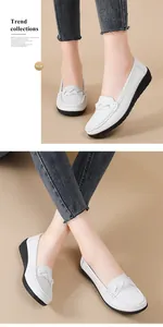 Detailed view of stylish white leather loafers for women with comfortable flat rubber soles