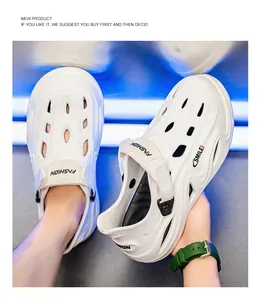 Nahaufnahme von weißen EVA-Clogs für Herren mit atmungsaktivem Design und Fersenriemen