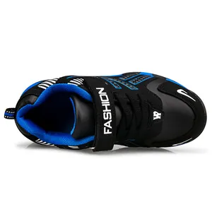 Black and blue children's breathable sports running shoes with hook and loop strap
