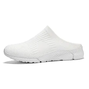 Lightweight white flyknit slip-on running sneaker for men with breathable mesh