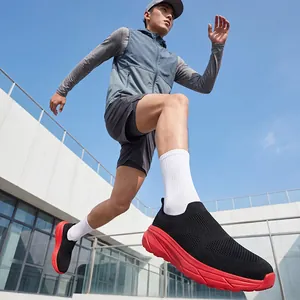 Men's breathable fly-knit slip-on sports shoes with wide-toe fit and thick red sole