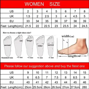 Detailed women's shoe size conversion chart for US, UK, and EU with measurement tips