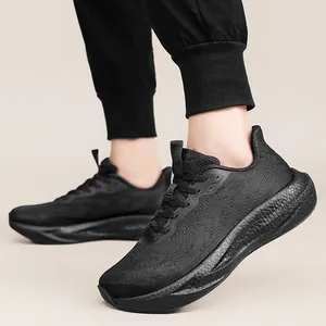 Professional black breathable mesh running shoes with wide-toe design and cushioned sole