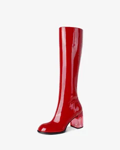 Red patent leather knee-high boots with transparent chunky heel for women autumn winter style