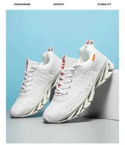 Detailed view of white breathable fly-knit men's running shoes with a unique blade sole design