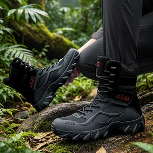 Men's black tactical military boots for outdoor combat and hiking on forest terrain