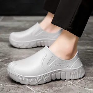 Waterproof grey EVA chef shoes for men, non-slip work footwear in a slip-on style