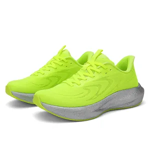 Vibrant neon green breathable fly-knit carbon plate running shoes for men and women