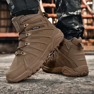 Durable mid-top tactical combat boots in desert brown for outdoor hiking treks