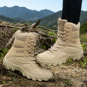 High-performance men's tactical combat boots in desert khaki for rugged outdoor hiking