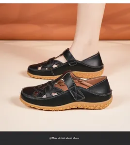 Side profile of black leather summer sandals for women featuring non-slip floral outsole