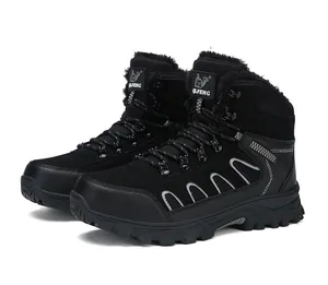 Black men's winter hiking boots with warm fur lining and non-slip rubber soles