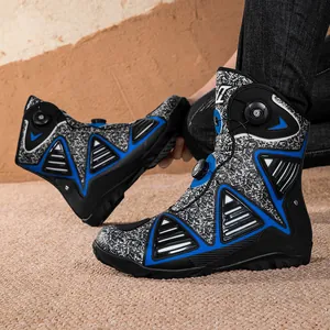 Botas de moto profesionales de caña alta con hebilla giratoria en azul y negro