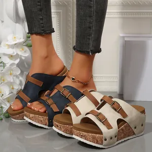 Women Wedge Sandals Peep Toe Platform Rivets Cork Texture Non Slip Slides Shoes For Beach Vacation Casual Comfort
