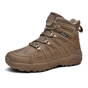Brown mid-cut tactical hiking boots with breathable mesh and rugged rubber soles