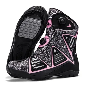 Botas de moto profesionales con patrón rosa y sistema de cordones giratorios