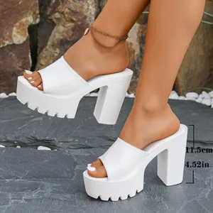 Détail de mules blanches à talons hauts compensés montrant un talon bloc de 11,5 cm