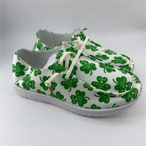 St. Patrick's Day women's canvas shoes with green clover and shamrock patterns