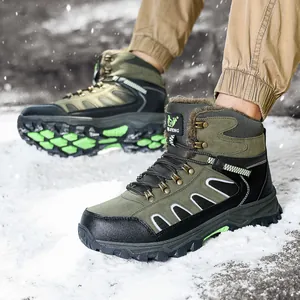 Men's olive green outdoor hiking boots with warm fleece lining and non-slip sole