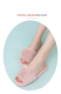 High-quality detail of soft pink faux fur open-toe slippers for cozy home indoor comfort