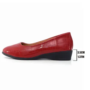 Side view of red women's casual wedge shoe with crocodile texture and 3.5cm heel height