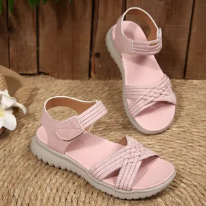 Women's Summer Flat Sandals Round Toe Hook and Loop Woven Strappy Beach Shoes Casual Outdoor Sandals PU Rubber Sole