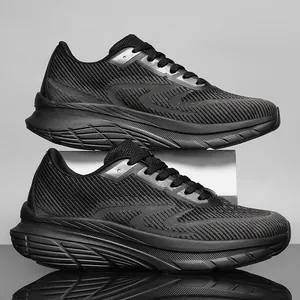 Side profile of breathable black fly-knit running shoes with a wide toe box design.