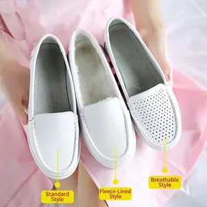 Comparison of white leather nurse shoes in standard, plush, and breathable styles.