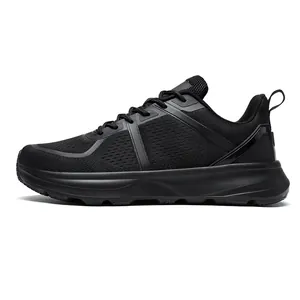 Side profile detail of comfortable black mesh men's running shoes with wide toe box