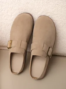 Premium beige suede clogs for women featuring vintage adjustable metal buckle strap