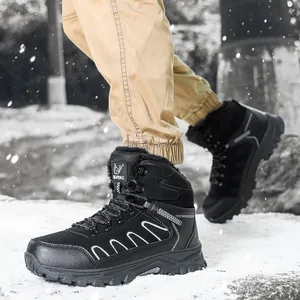 Durable black mid-top outdoor hiking boots with warm fleece lining shown on snowy ground