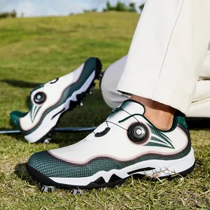 Waterproof men's golf shoes with rotary knob lacing and professional traction spikes.