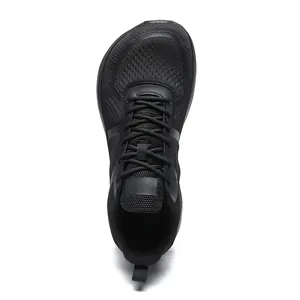 Top-down detail showing the wide-toe box design of black men's breathable running shoes