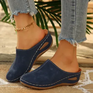 Blue suede-style closed-toe wedge slippers for women with decorative white stitching