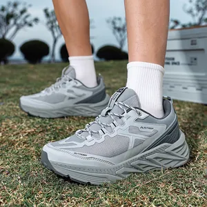 Stylish grey outdoor running shoes with thick durable sole and breathable mesh for men