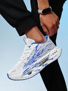 Detail view of white and blue children's carbon plate running shoes with mesh upper.