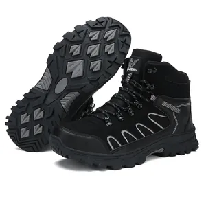 Professional black mid-cut hiking boots for men, outdoor trekking shoes with anti-slip rubber sole